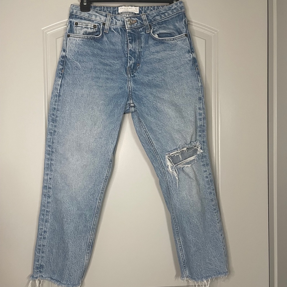 Topshop Light Blue Distressed Straight-Leg Jeans